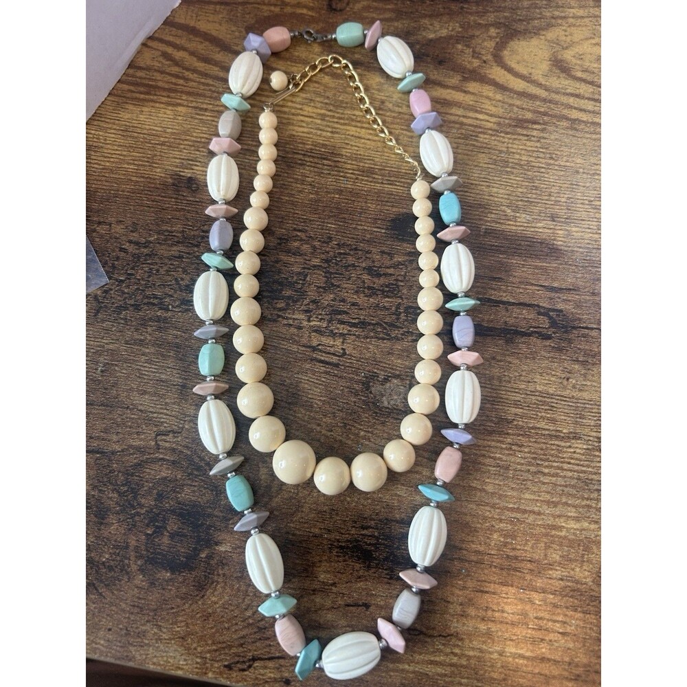 Lot 3 Vintage Beaded Necklaces Pastel Statement Set w Earrings Retro Chic - Picture 9 of 13